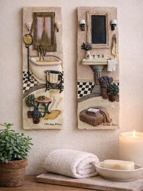 Vintage C. Winterle Olson 3D Bathroom Wall Plaques Set French Country Decor 9”